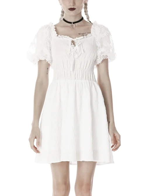 Simple White Woven Front And Back Webbing Decorated Short Punk Style Puff Sleeve Dress