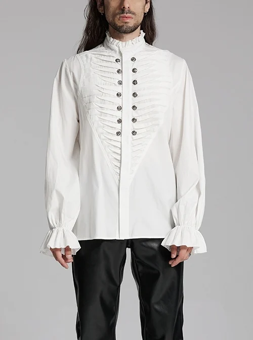 Simple White Woven Front Center Three Dimensional Pleats With Metal Buttons Embellished Gothic Style Long Sleeved Shirt