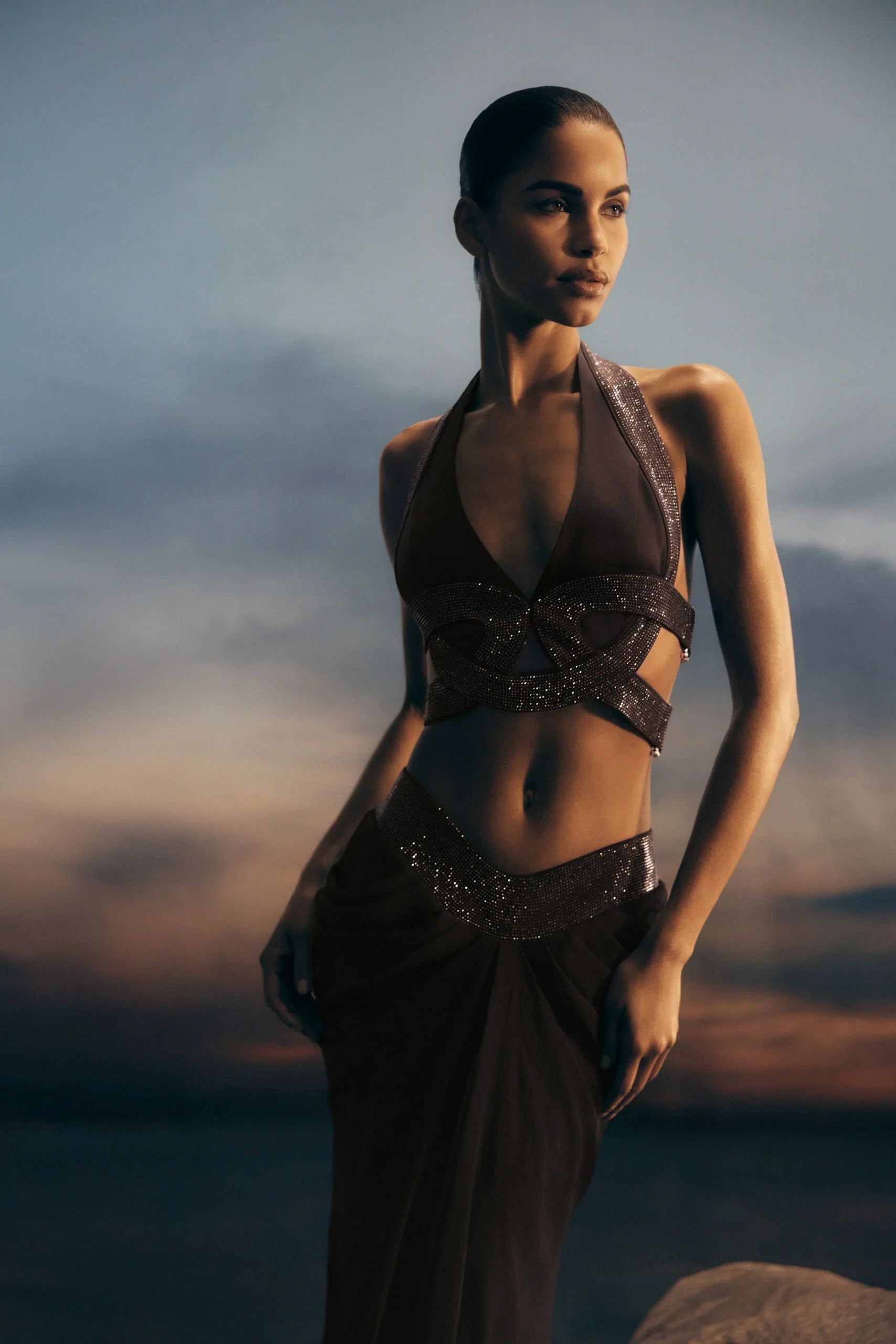 SirenSatin And Diamante Halter Top - Dark Chocolate