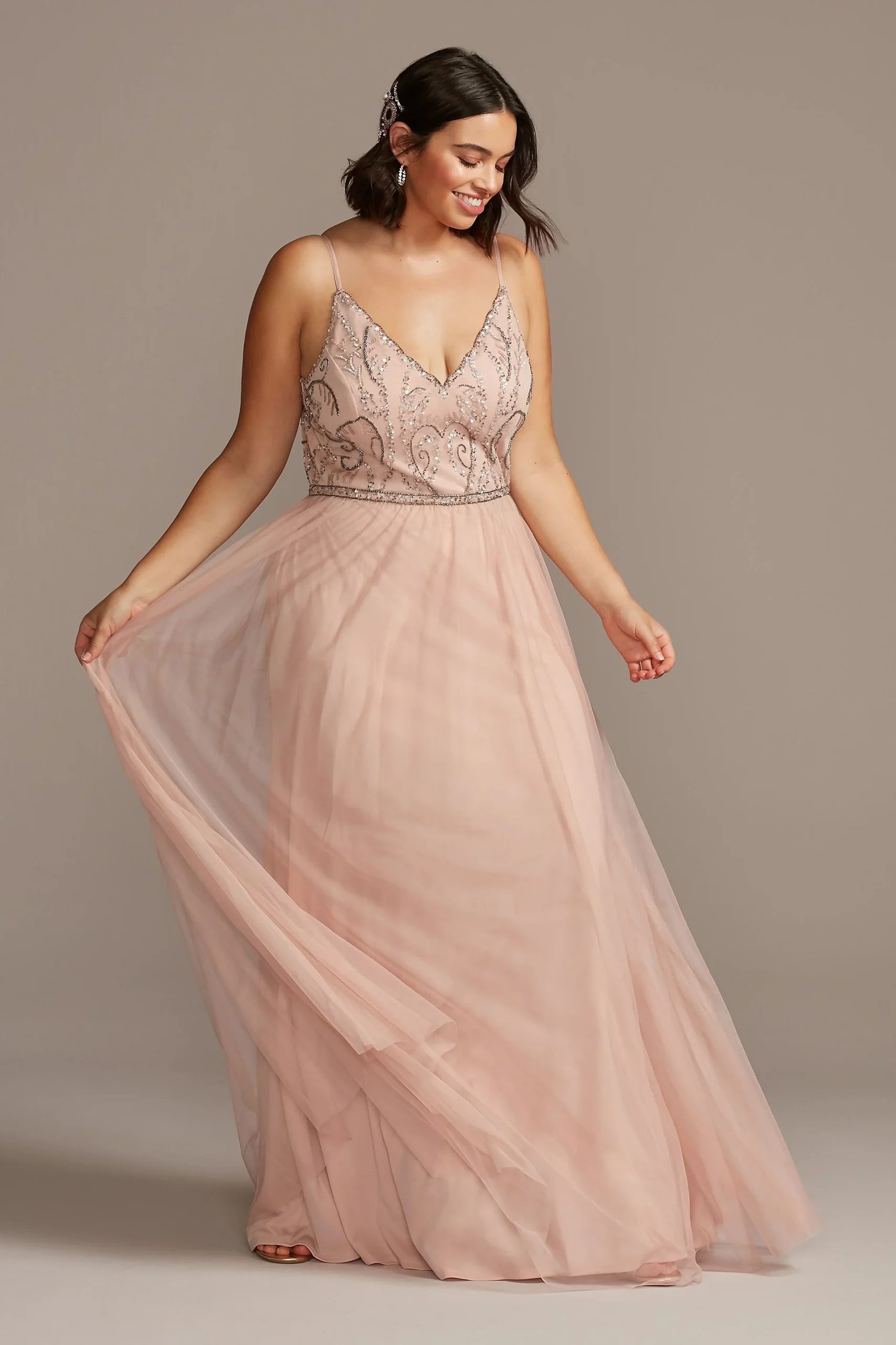 Skinny Strap Beaded Bodice Gown