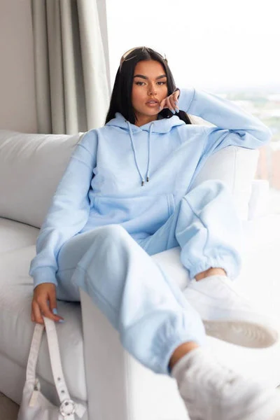 Sky Blue Oversized Front Pocket Long Sleeve Drawstring Fleece Hoodie - Alexia