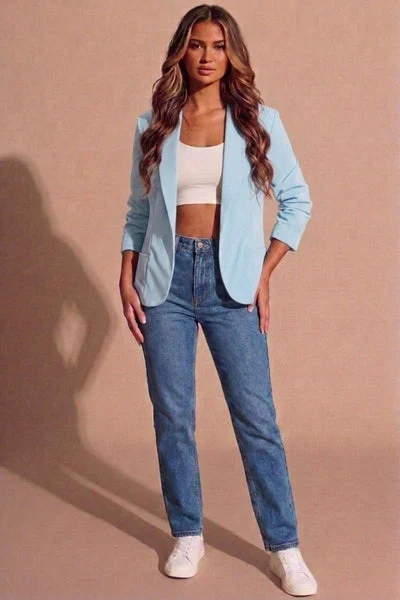 Sky Blue Tailored Open Front Blazer-Roman
