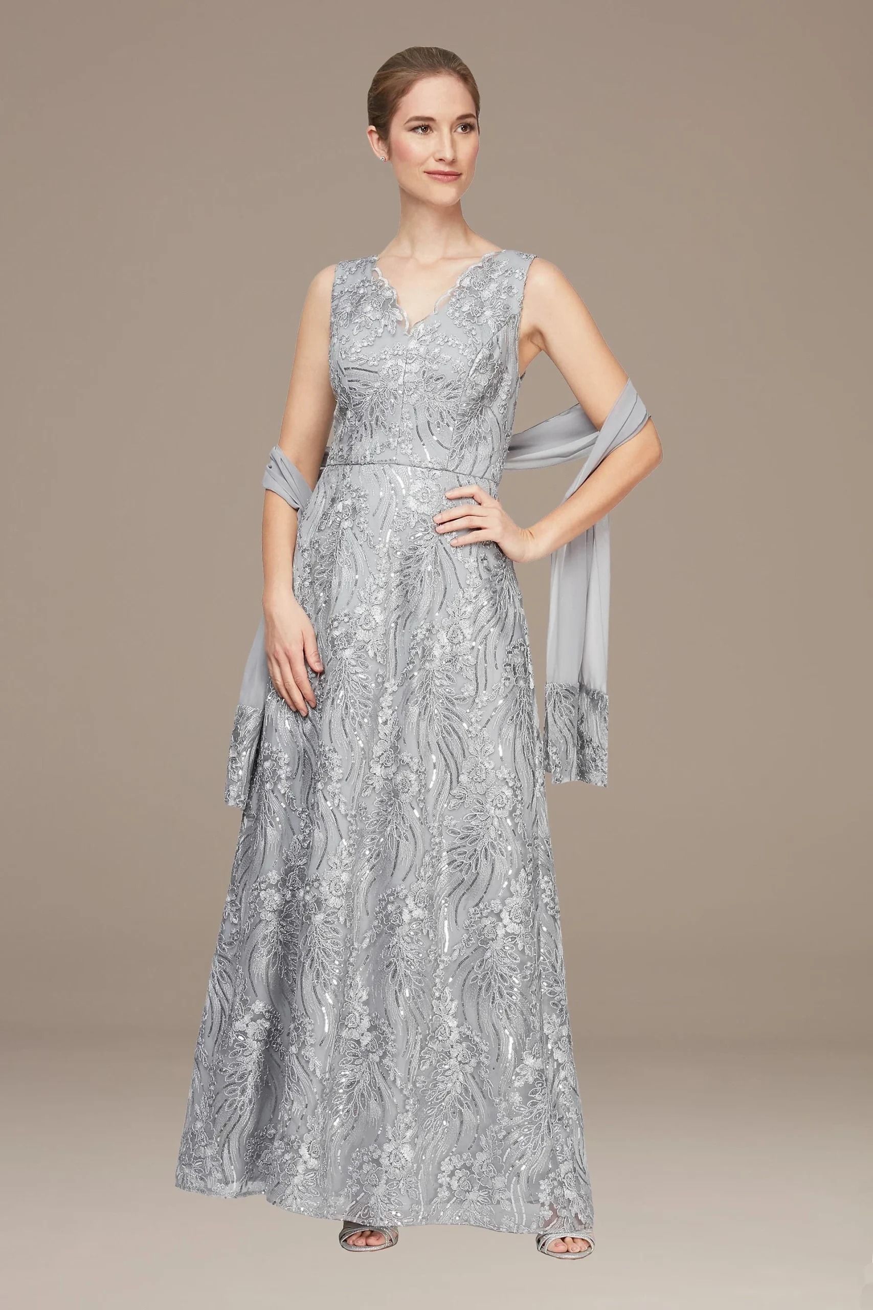 Sleeveless Embroidered Tulle Gown with Shawl