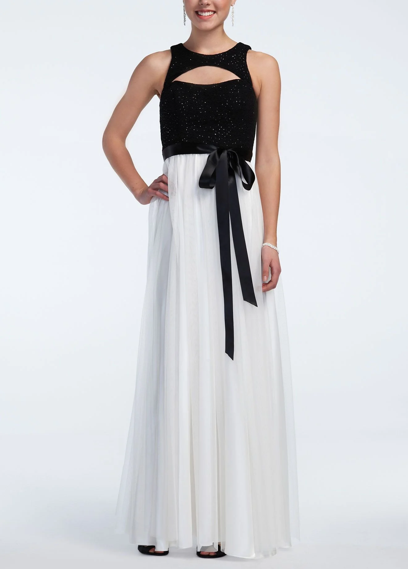 Sleeveless Glitter Bodice Dress with Sash Detail