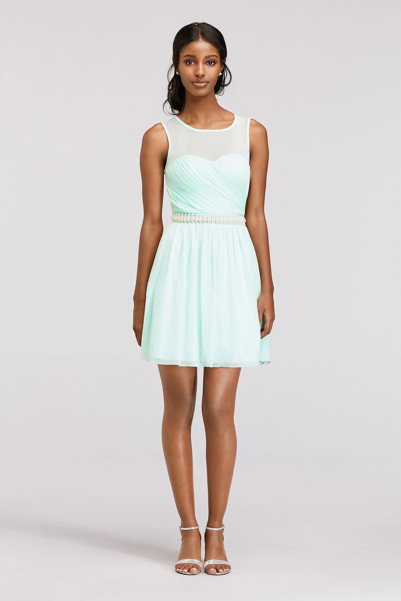 Sleeveless Illusion Chiffon Dress with Pearl Waist