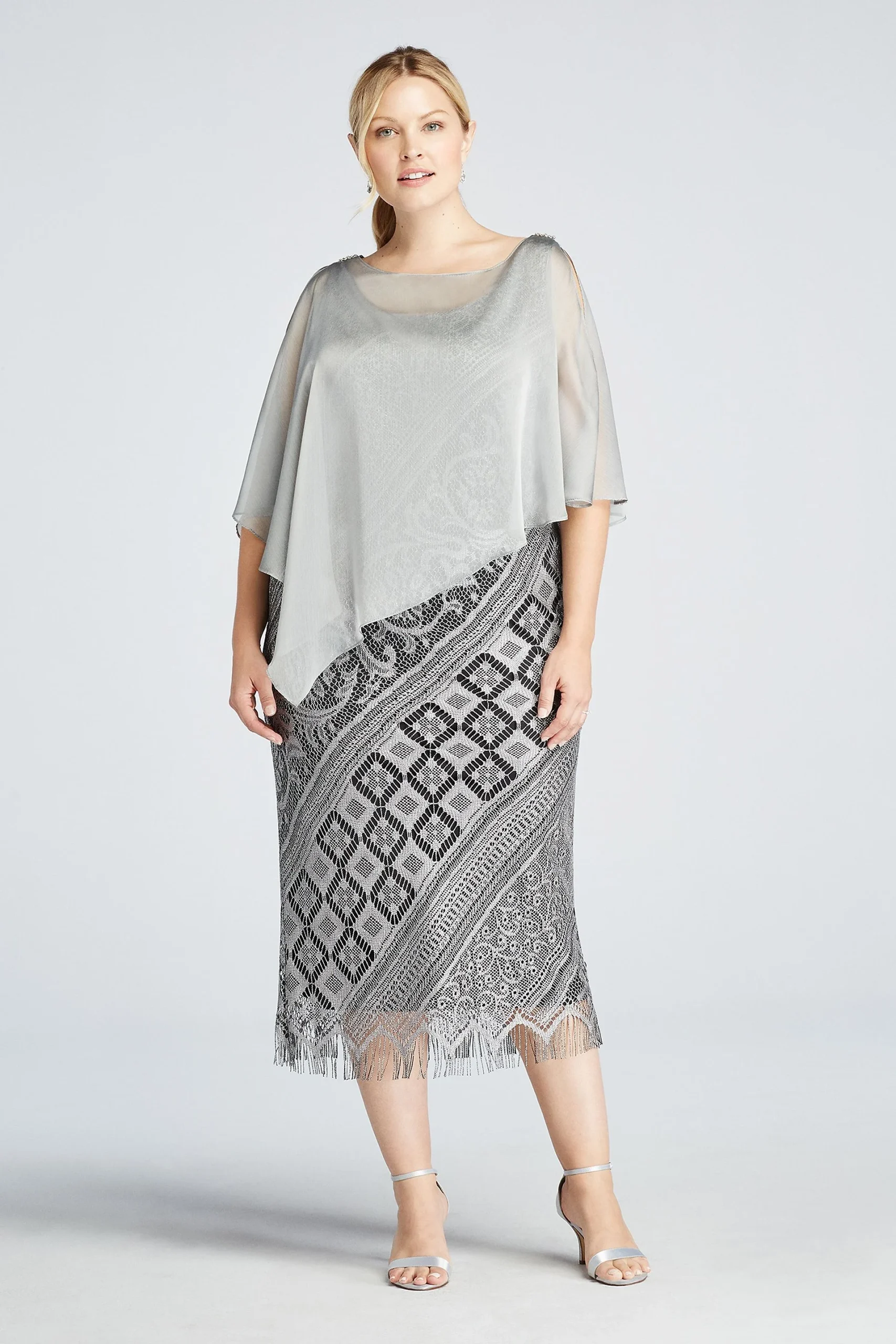 Sleeveless Long Crochet Dress with Chiffon Caplet