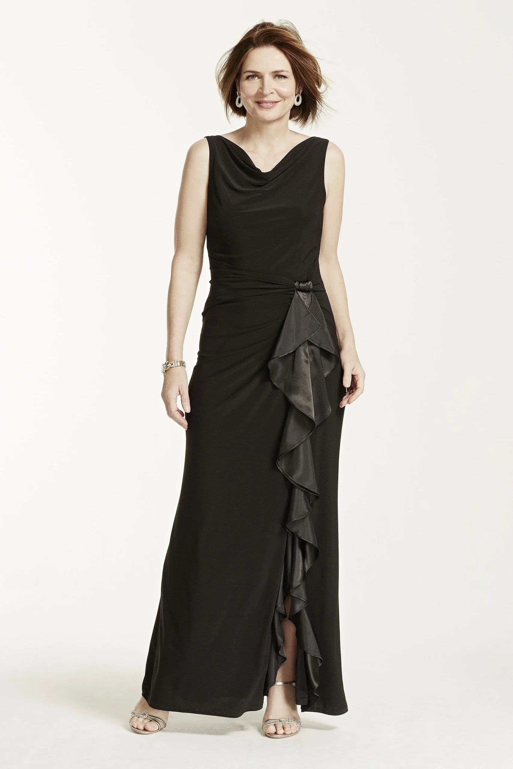 Sleeveless Long Jersey Dress with Cascade Ruffle