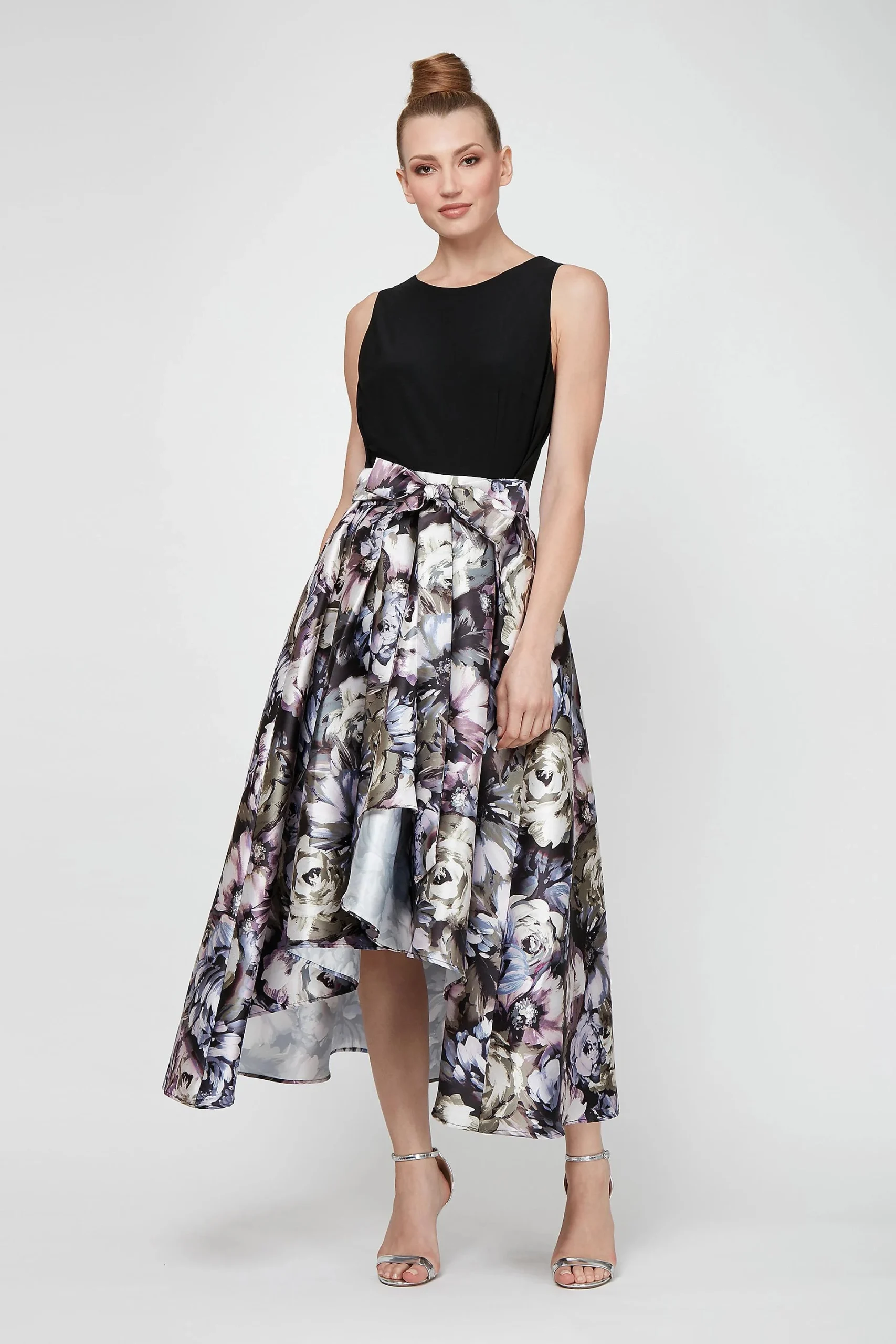 Sleeveless Printed Ball Gown with High-Low Skirt