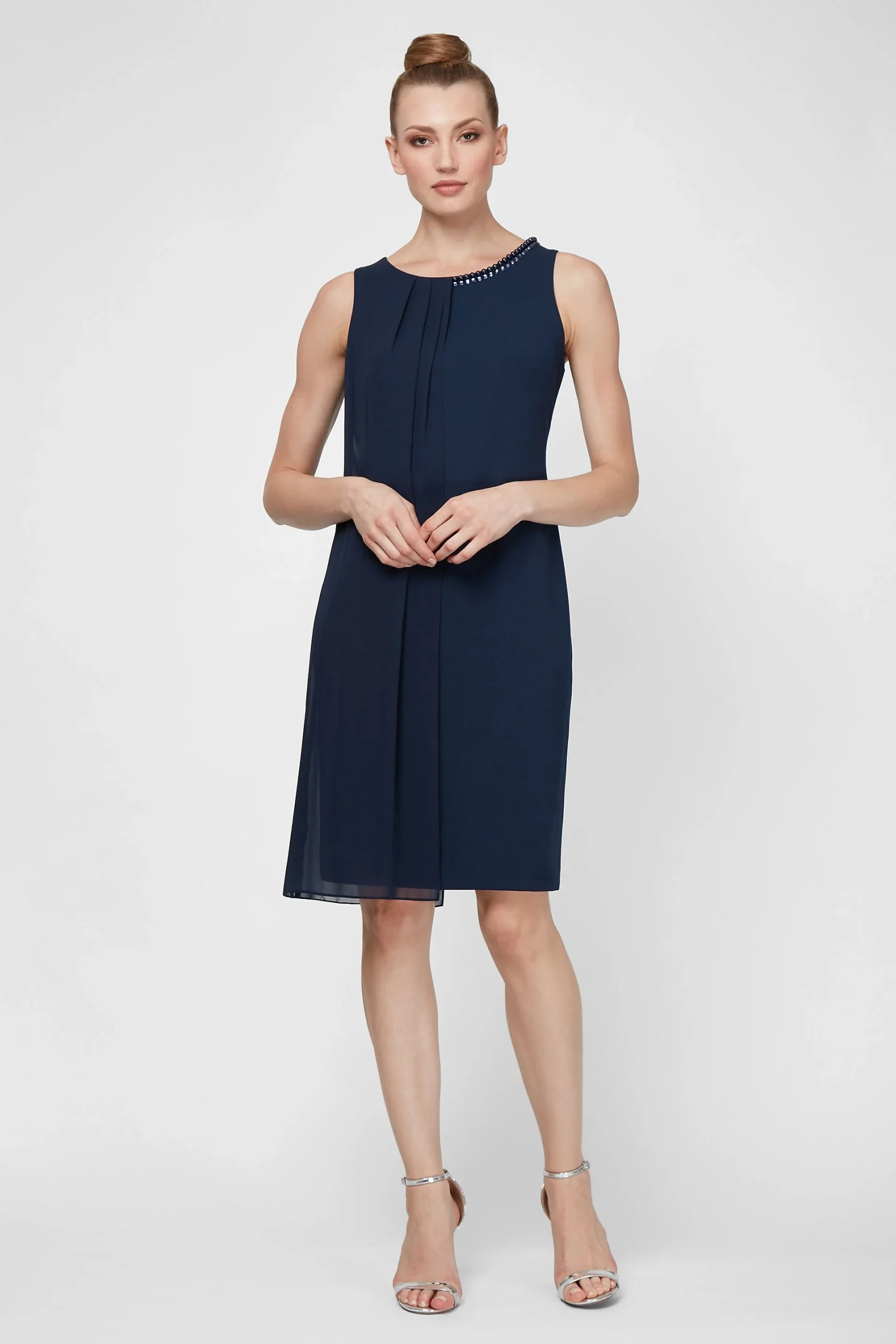 Sleeveless Sheath Dress with Chiffon Overlay