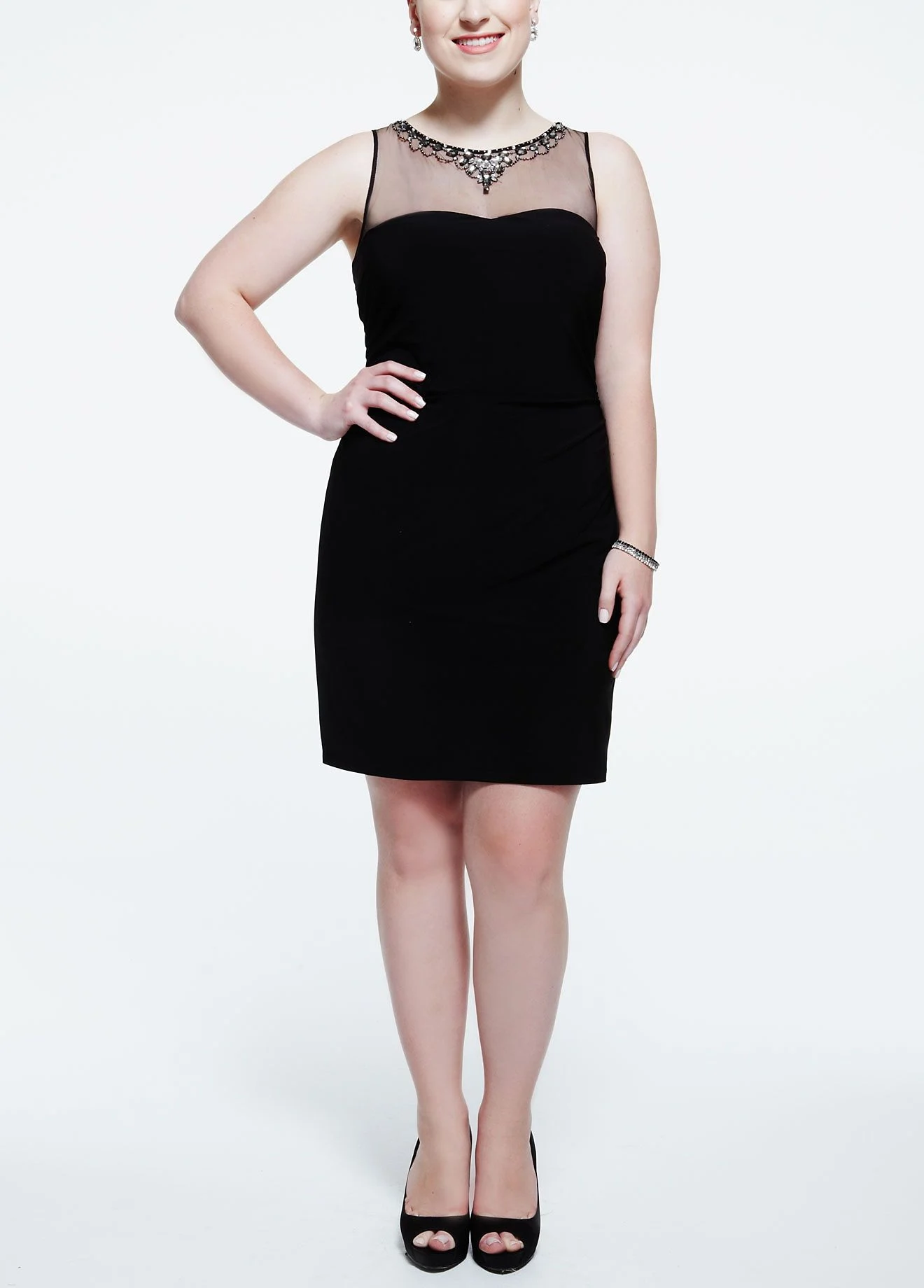 Sleevless Jersey Dress with Beaded Illusion Neck
