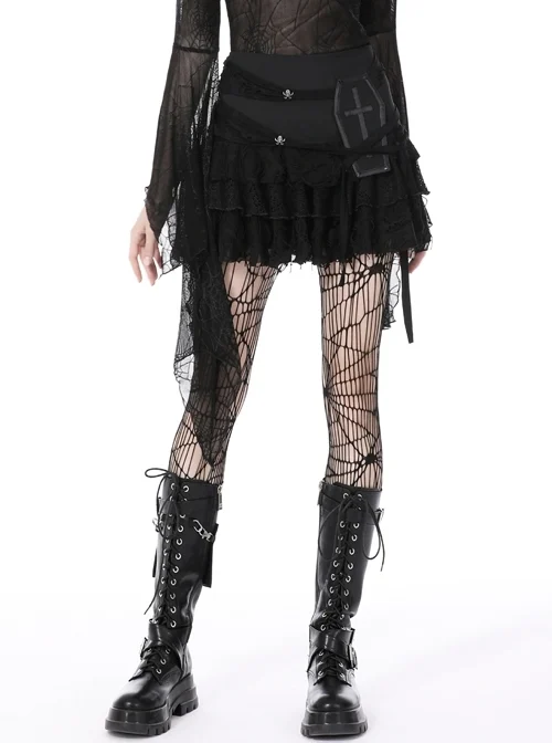 Slim Fit Black Phantom Skull Cross Embellished Gothic Ripped Skirt