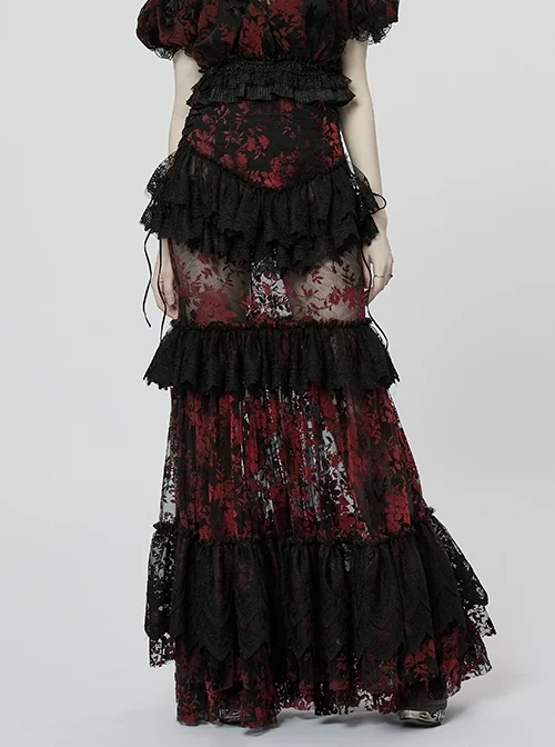 Slim Fit Non-Stretch Flocking Print Stitching Lace Drawstring Adjustable Elastic Black Red Gothic See-Through Gorgeous Skirt