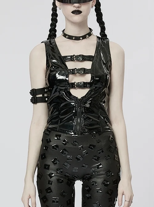 Slim Fit Patent Leather Cutout Grimace Button Black Sexy Punk Vest