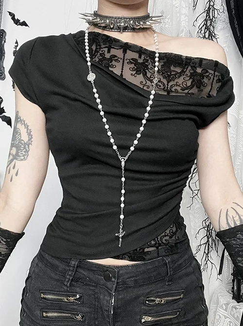 Slim Sexy Black Lace Splicing Off Shoulder Sway Collar Gothic Style Dark Short Sleeves Top