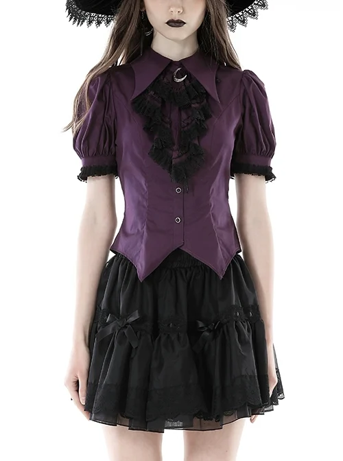 Slim And Sexy Purple Fake Lapel Moon Decorated Gothic Short Sleeved Shirt