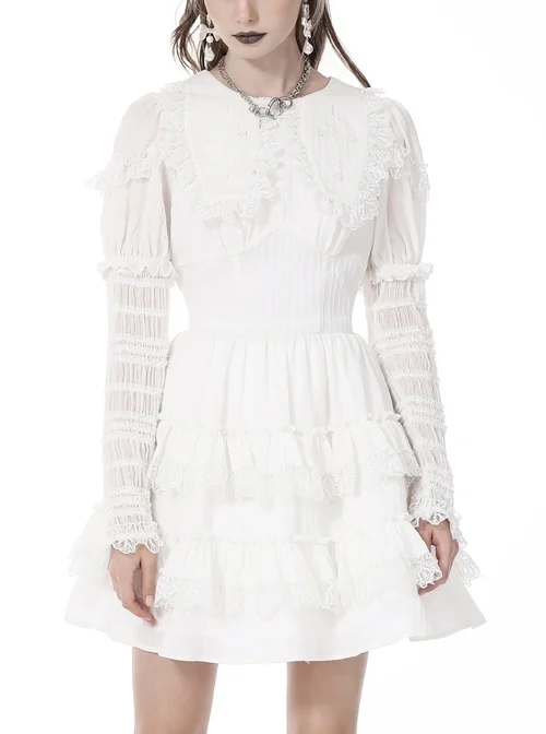 Slim White Angel Layered Ruffled Web Bow Gothic Long Sleeve Dress