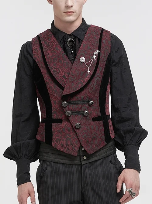 Slim Wine Red Retro Jacquard Chest Metal Chain Cross Gothic All-Match Vest