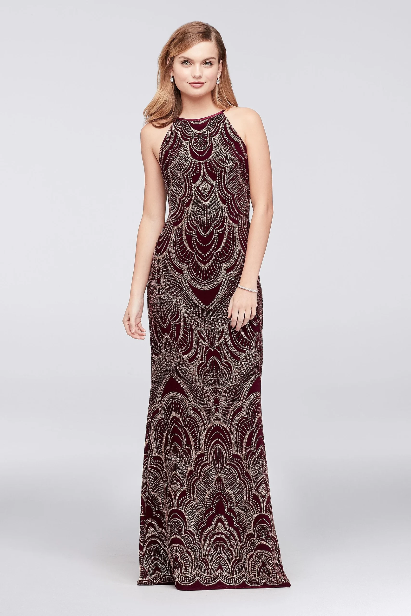 Slinky High-Neck Glitter Print Gown