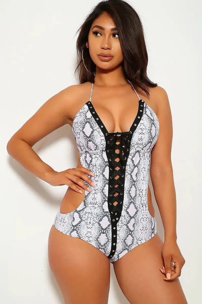 Snake Print Lace Up One Piece Swimsuit