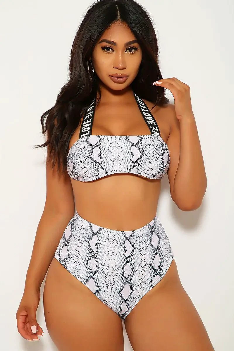 Snake Print Love Halter High Waist Two Piece Swimsuit