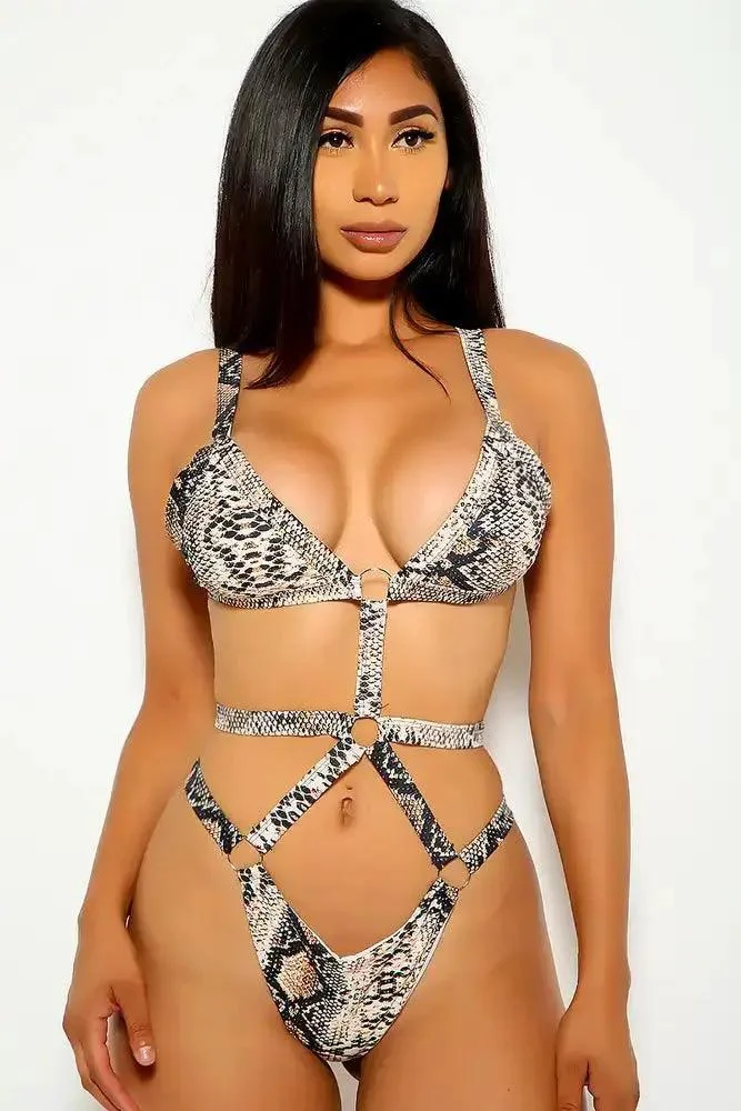Snake Print Strappy Caged Monokini