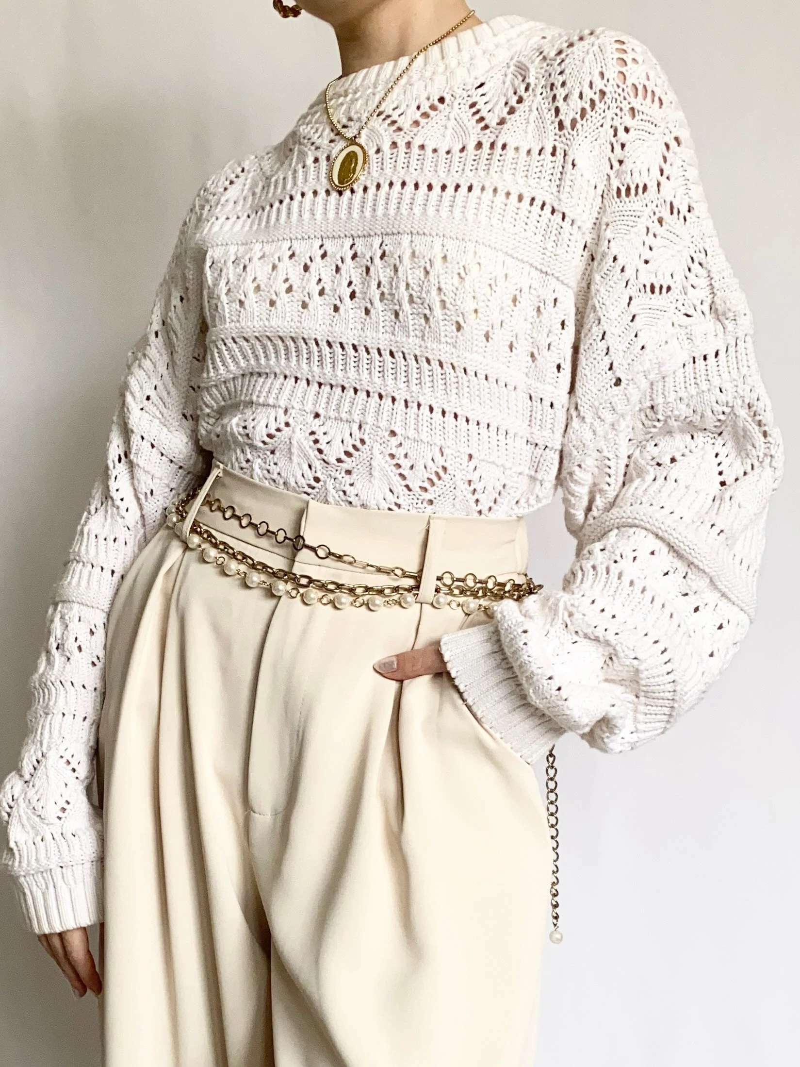 Snowfall Knit Pointelle 1980s Sweater (M)