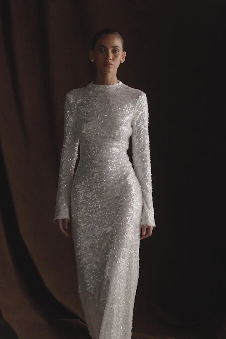 SofiaFINAL SALELong Sleeve Sequin Maxi Dress - White