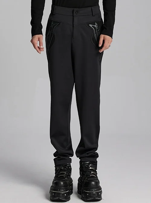 Soft Black Knitted Front And Back Double Pockets Three Dimensional Rivet Embellished Punk Style Trousers