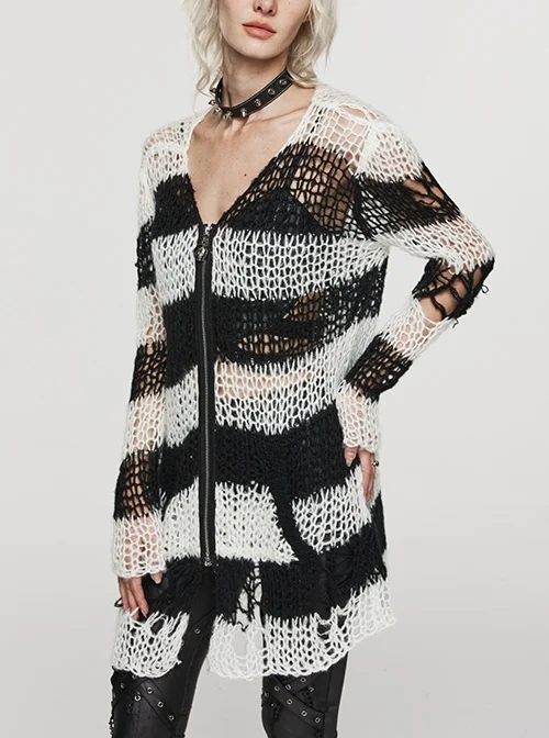 Soft Black And White Wool Zippered Irregular Punk Style Ripped Cardigan Long Sleeved Sweater