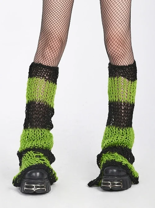Soft And Comfortable Flared Mohair Black And Green Fun Striped Punk Leg Guards