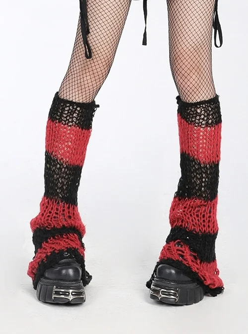 Soft And Comfortable Flared Mohair Black And Red Fun Striped Punk Leg Guards