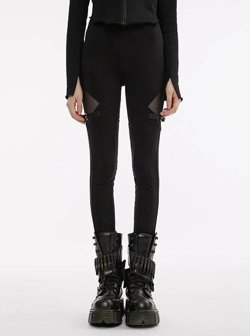 Soft Knit Triangle Split Panel Stretch-Mesh Black Punk Velvet Leggings