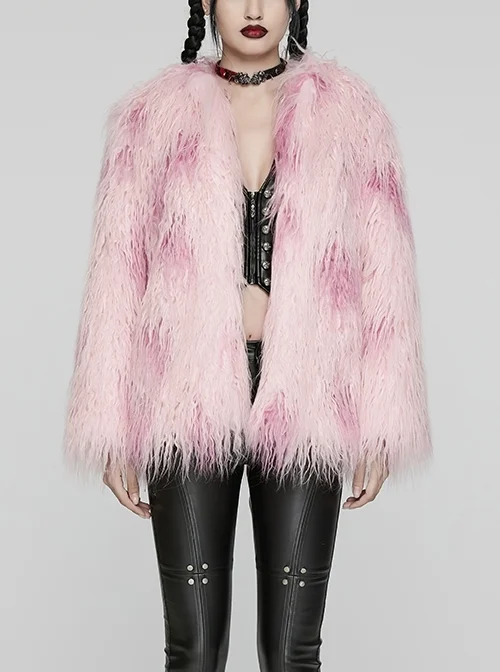 Soft Pink Plush Loose Thick And Warm With Leopard Print Lining Punk Style Long Sleeved Coat