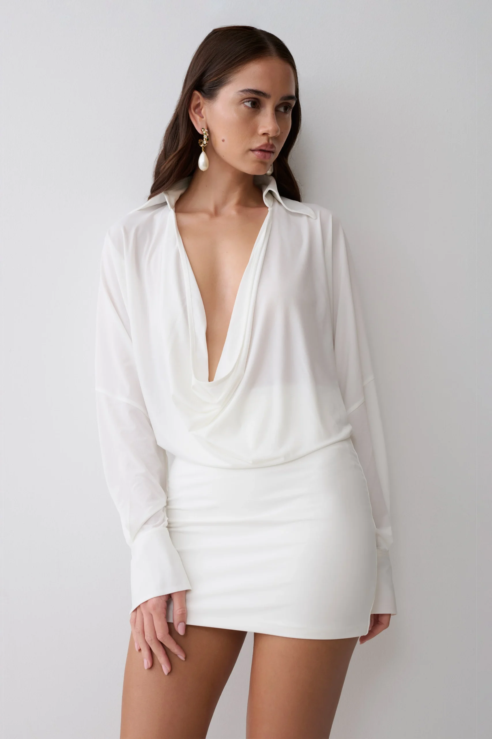 SoleiaCowl Drape Shirt Dress - White