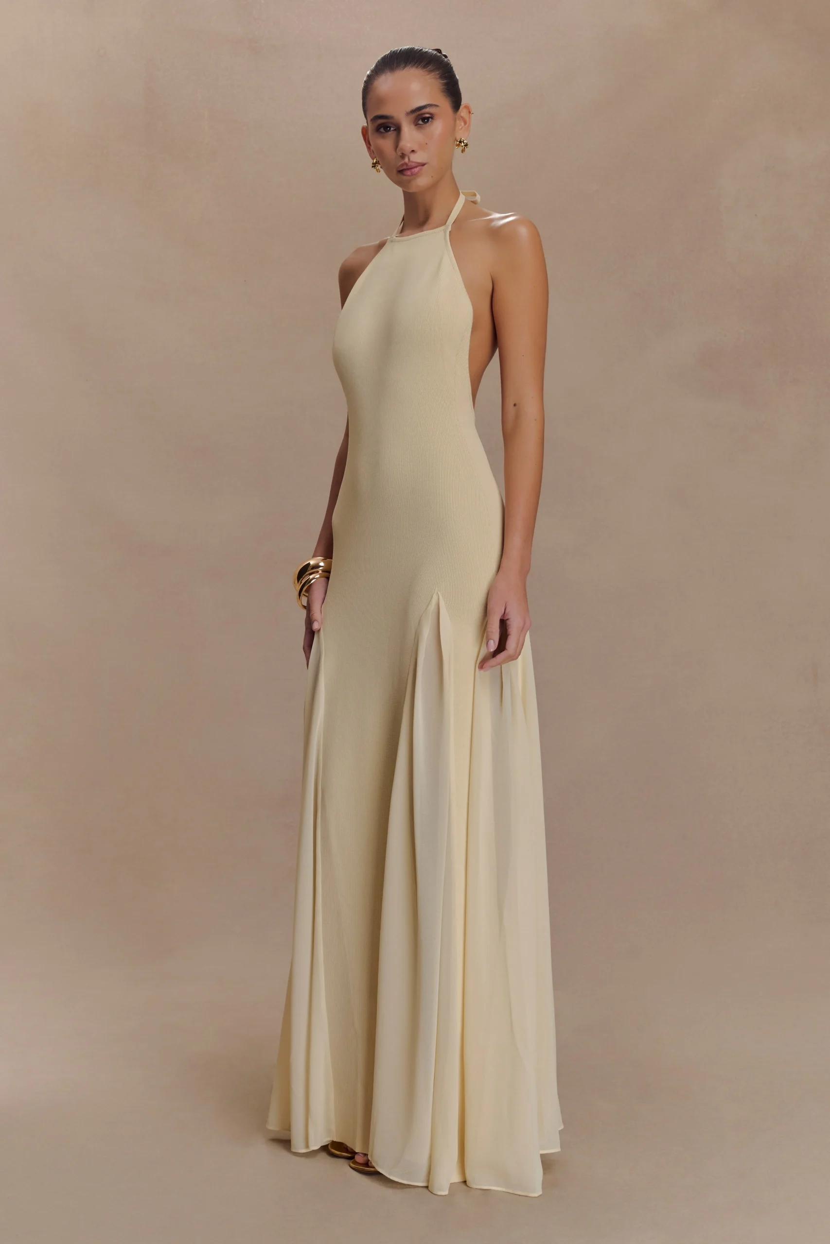 SoleilKnit And Mesh Halter Maxi Dress - Cream