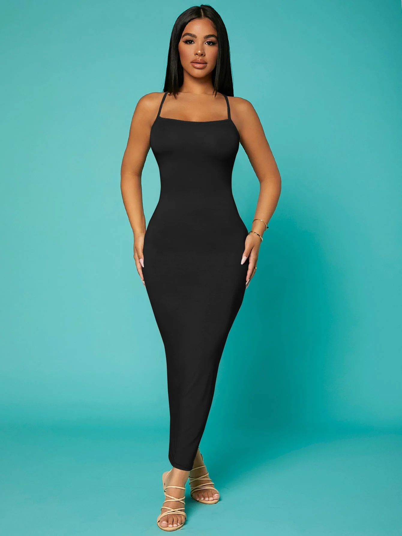 Solid Criss-Cross Backless Bodycon Dress