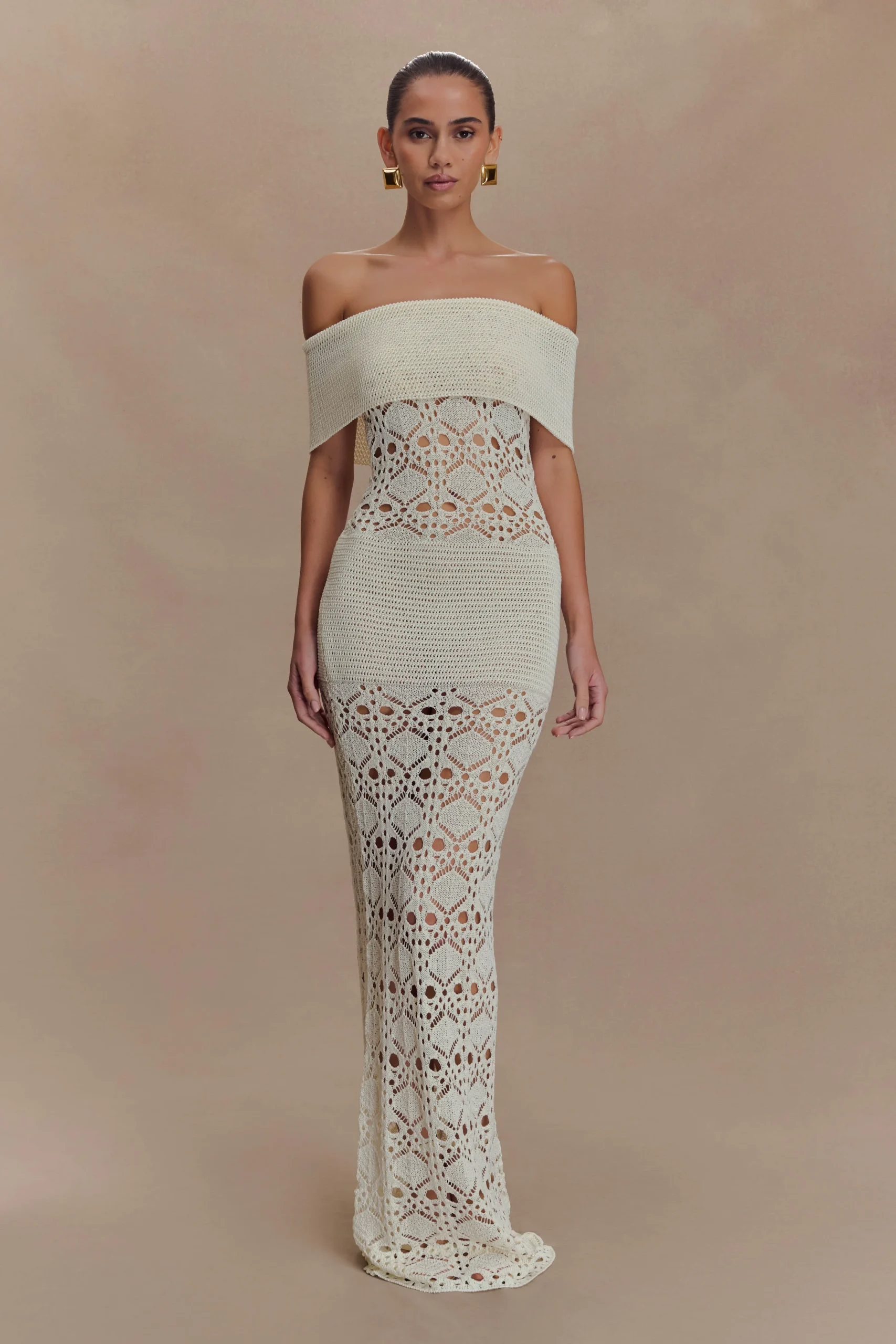 SolsticeFINAL SALEOff Shoulder Crochet Knit Maxi Dress - Ivory