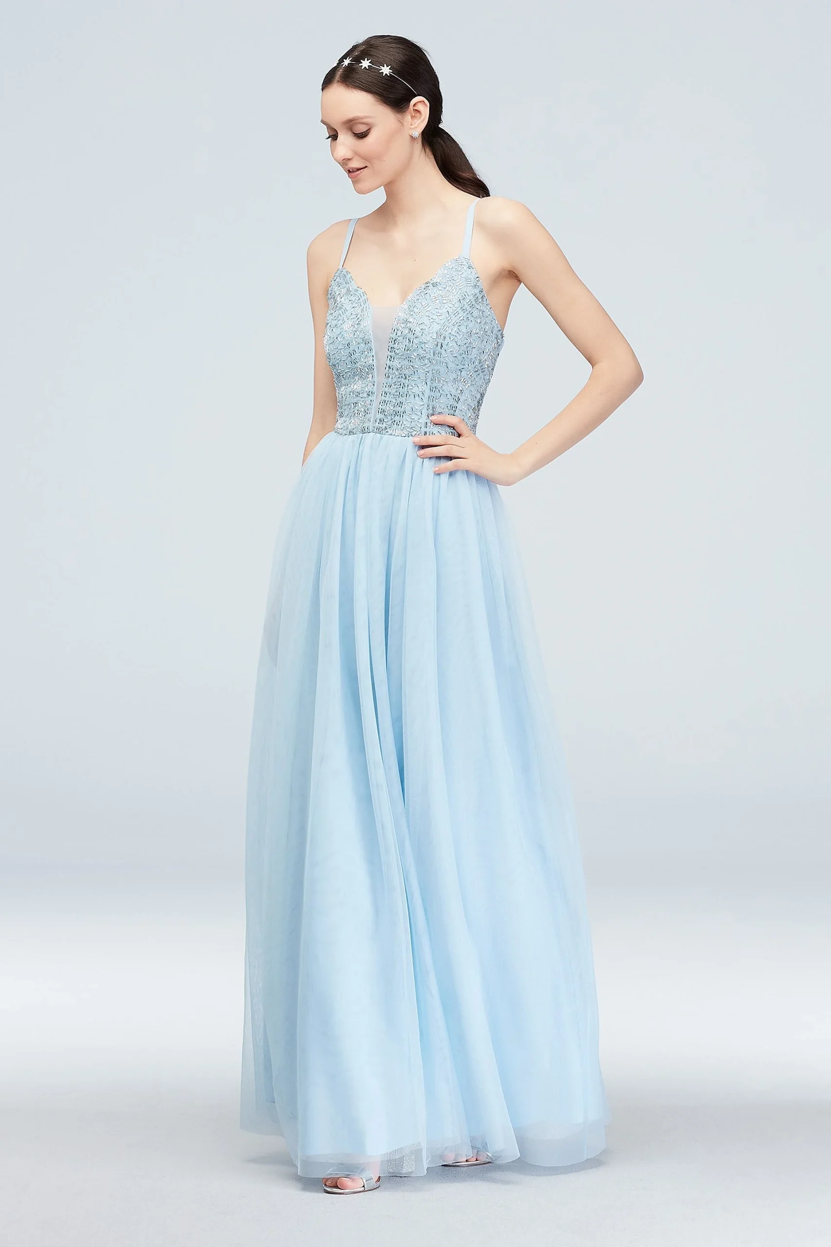 Spaghetti-Strap Beaded Bodice V-Neck Mesh Gown