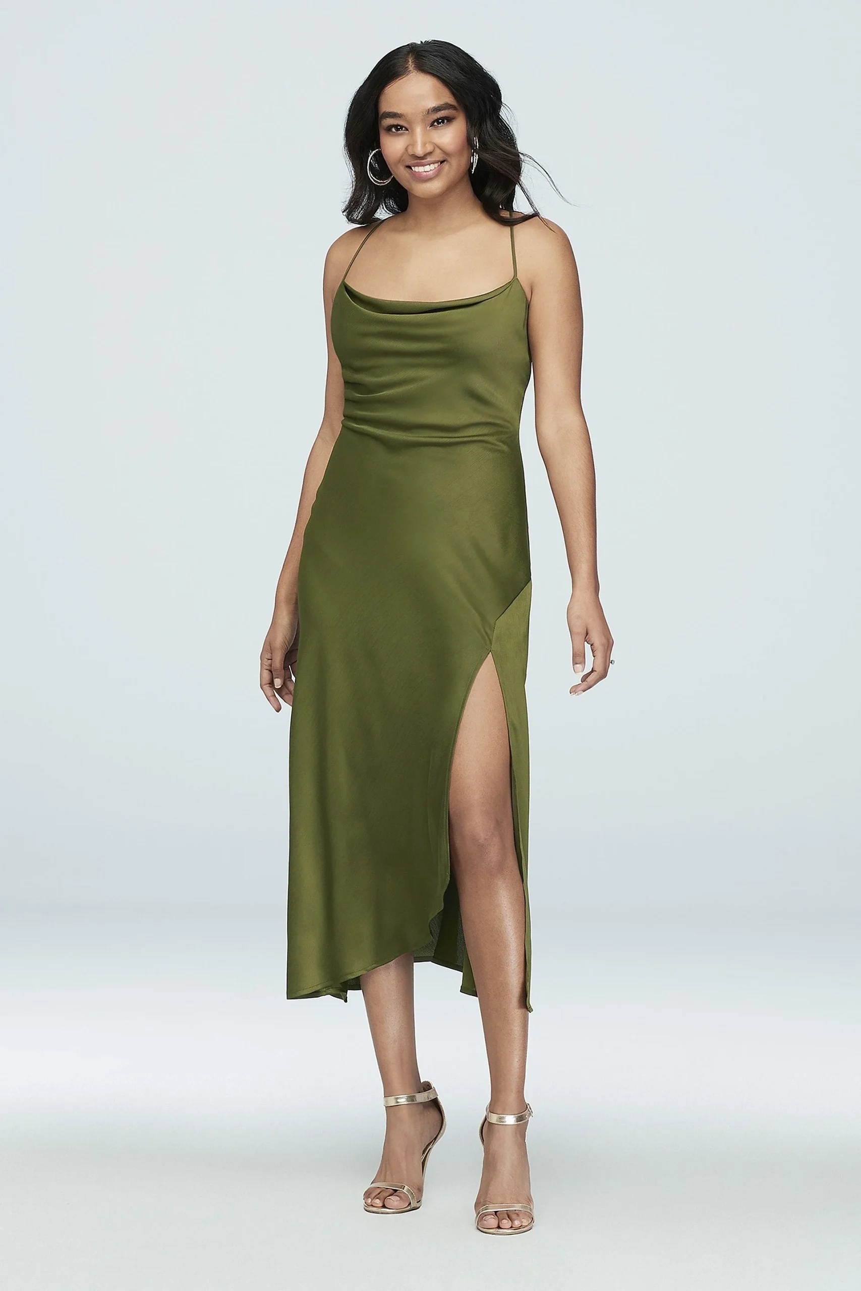 Spaghetti Strap Cowl Slip Dress with Slit