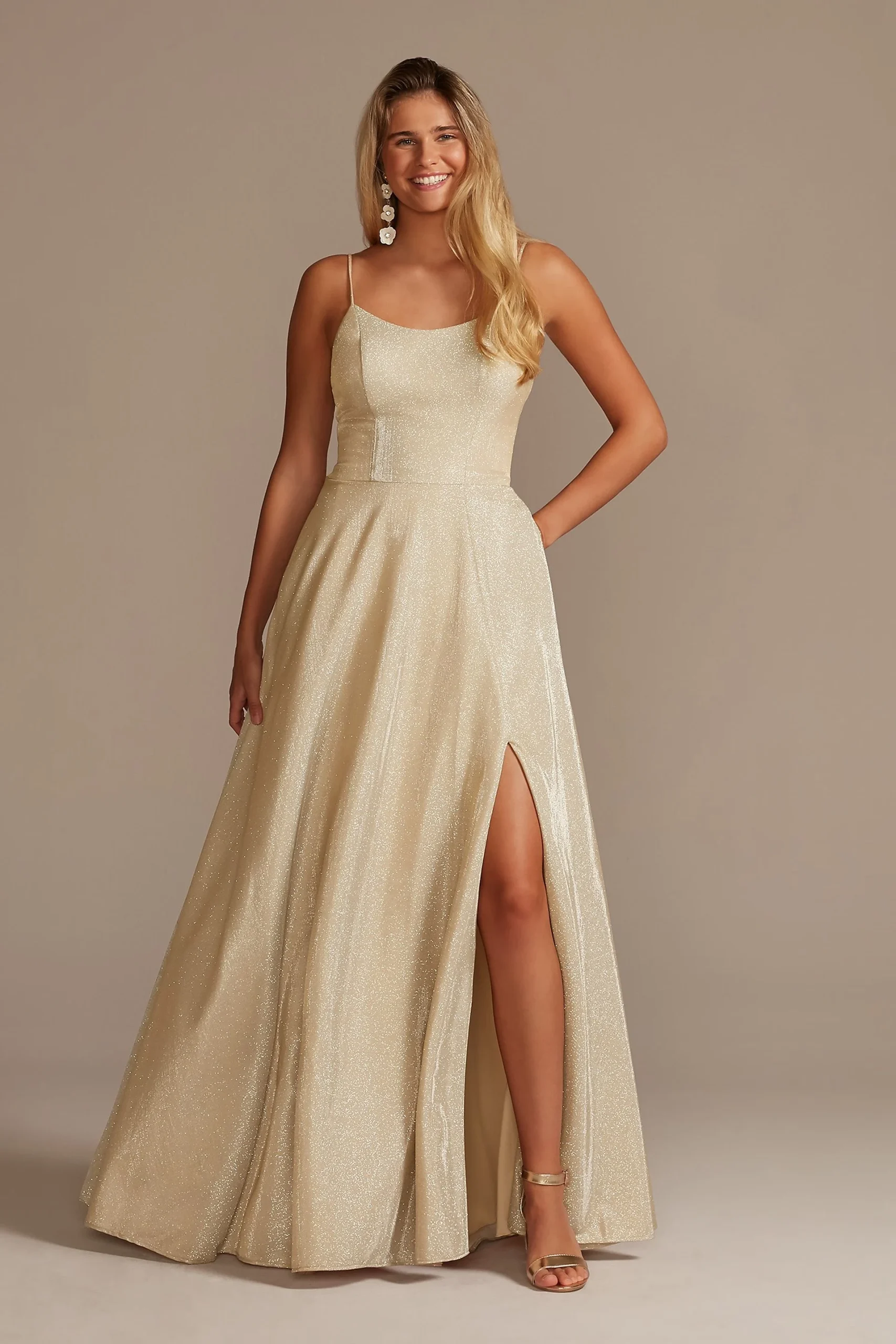 Spaghetti Strap Glitter Shine Gown with Slit
