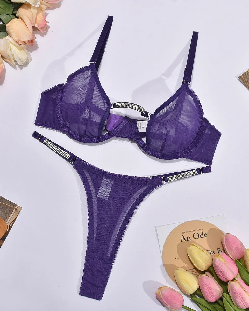 Split Decision – Purple Crystal Cut-Out Mesh Lingerie Set with Rhinestone Straps