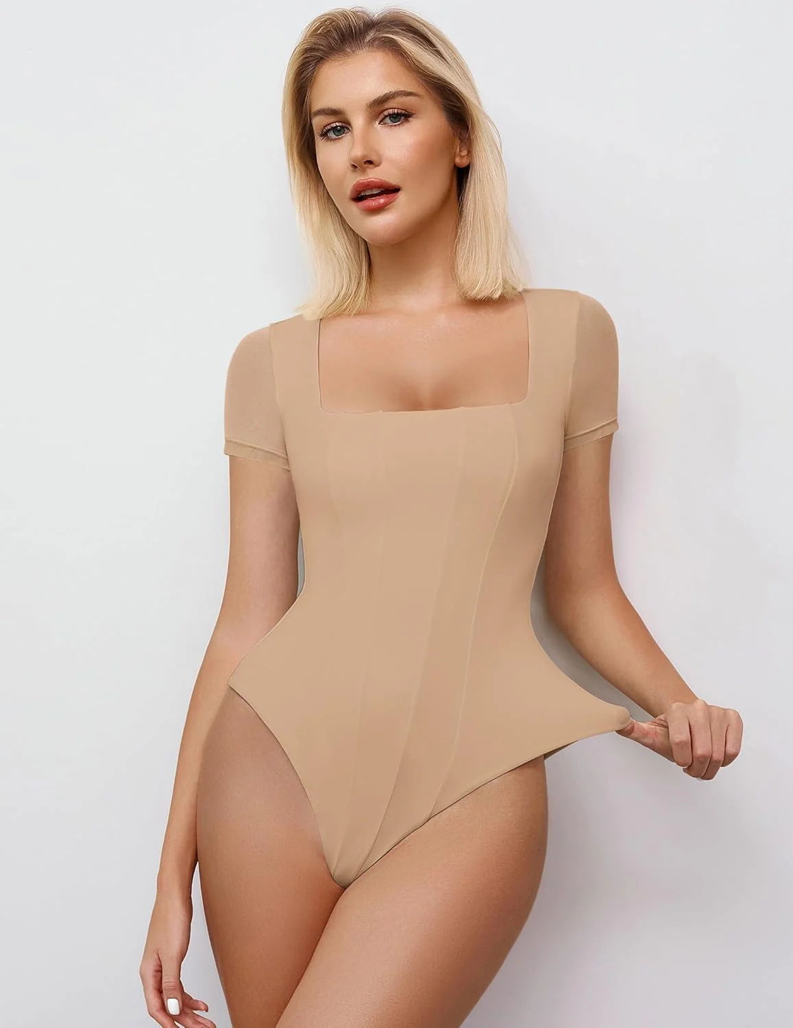 Square Neck Mesh Double Body Suit