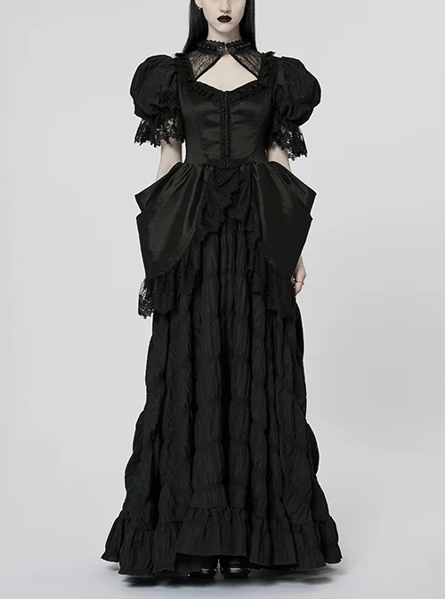 Square Neck Pearl Embellished Micro-Elastic Stitching Lace Back Velvet Webbing Adjustable Elastic Black Gothic Gorgeous Dress