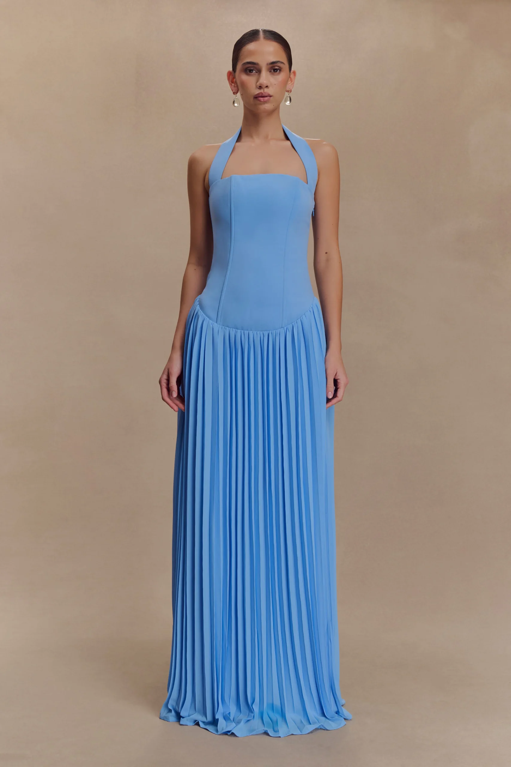StaciePleated Halter Maxi Dress - Bright Blue