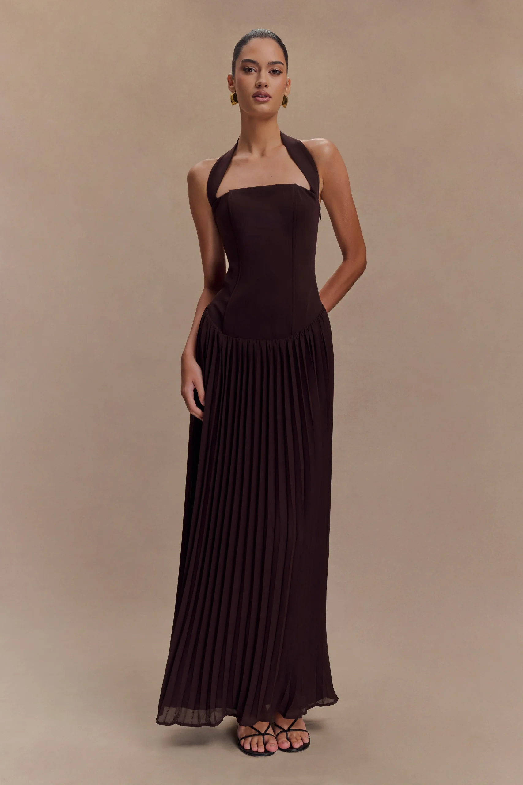 StaciePleated Halter Maxi Dress - Cacao