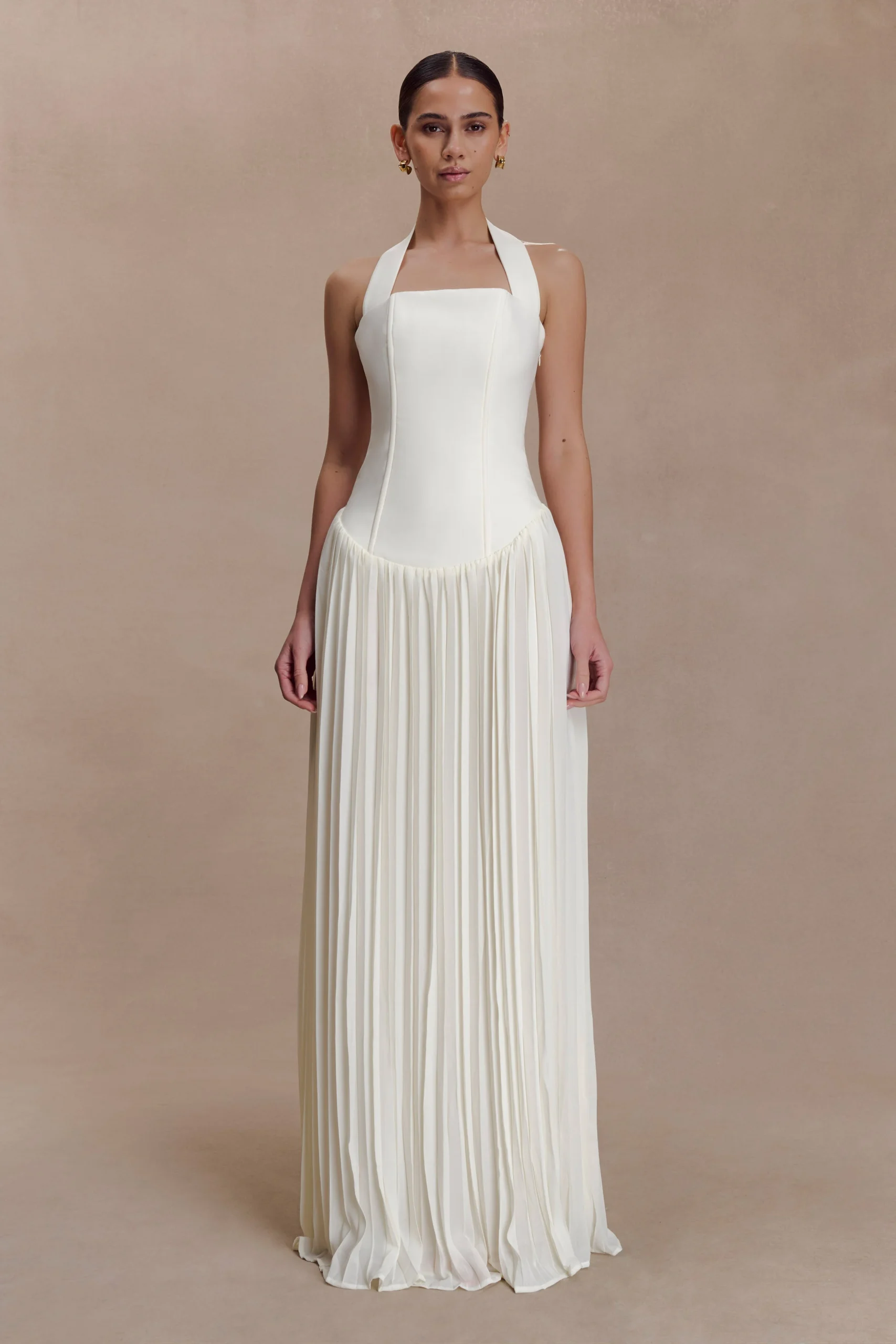 StaciePleated Halter Maxi Dress - Ivory