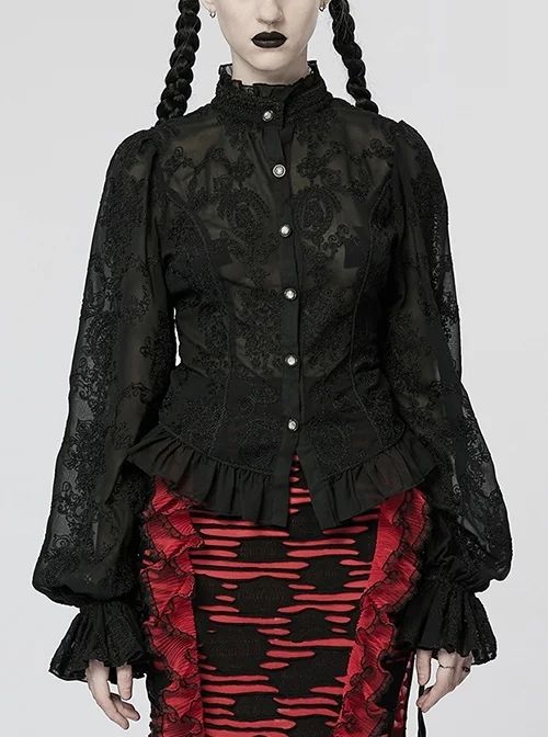 Stand Collar Trumpet Sleeve Waist Webbing Adjustable Size Black Gothic Chiffon Embroidered Perspective Blouse