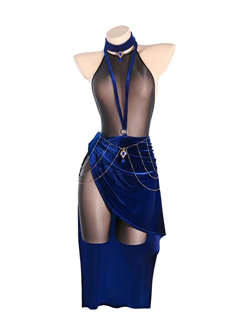 Star Oracle Astrologer Outfit Halloween Black Halter Neck See-Through Open Crotch Bodysuit Blue Velvet High Slit Skirt Sexy Lingerie Set