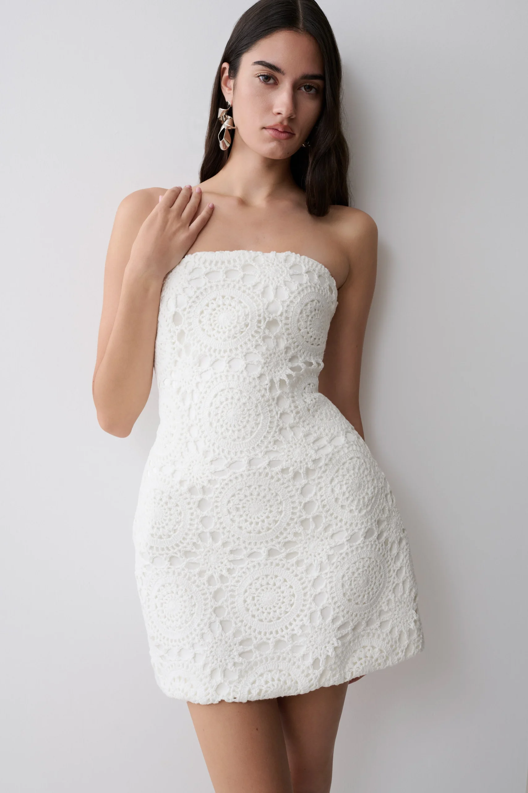 StasiaStrapless Crochet Mini Dress - White
