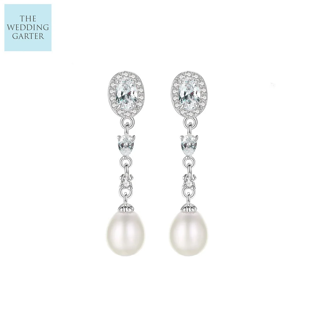 Sterling Silver Real Pearl & CZ Diamond Drop Earrings